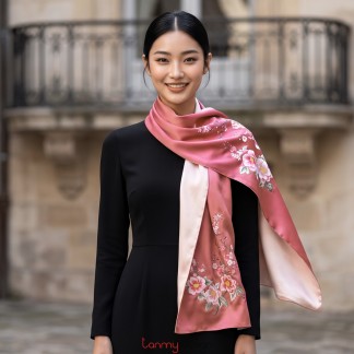 Khăn lụa 2 mặt hồng thêu hoa và lá 40*200 cm